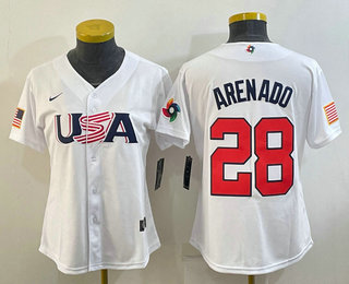 Women%27s USA Baseball #28 Nolan Arenado 2023 White World Classic Replica Stitched Jerseys